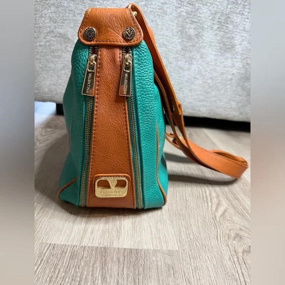 Valentina Teal and Brown Leather Shoulder Bag - Picture 4 of 16